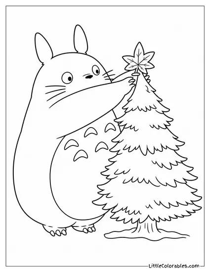 Totoro Placing a Leaf Star on a Tree Coloring Page