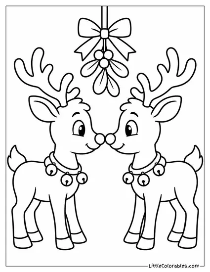 Two Reindeer Nose to Nose Under Mistletoe Coloring Page