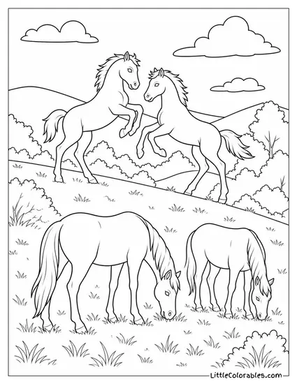 Two Young Colts Play-Fighting on a Hillside While Their Mothers Graze Below Coloring Page