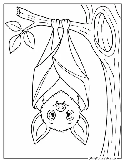 Vampire Bat Hanging Upside Down from a Hollow Tree Branch Coloring Page