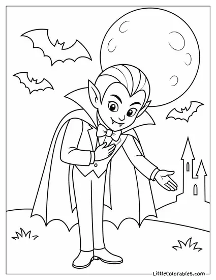 Vampire Bowing Beneath a Full Moon with Bats Streaming Past Coloring Page