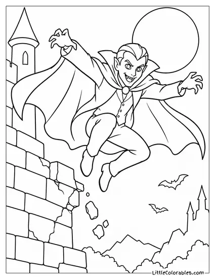 Vampire Cape Billowing as He Leaps from a Crumbling Castle Wall Coloring Page