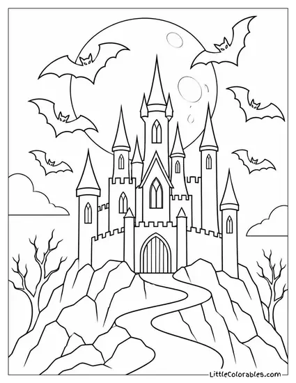 Vampire Castle Glowing Eerily Behind a Swirl of Circling Bats Coloring Page