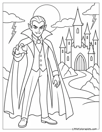 Vampire Standing Before His Gothic Castle as Thunder Cracks Overhead Coloring Page