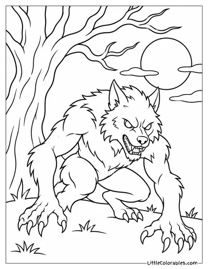 Werewolf Crouched Low with Claws Bared Beneath a Spooky Tree Coloring Page