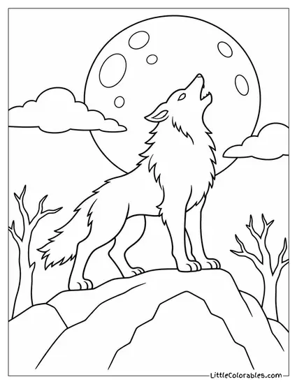 Werewolf Howling Atop a Hill Silhouetted Against a Full Moon Coloring Page
