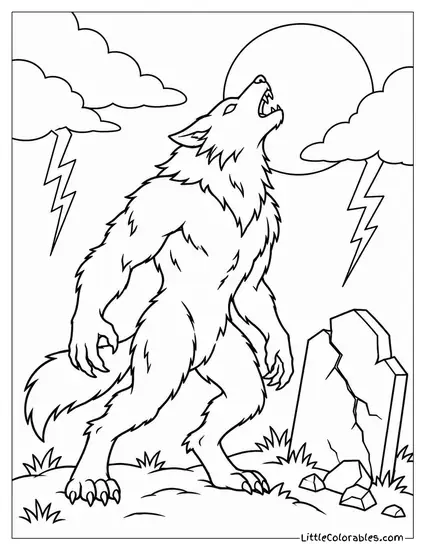 Werewolf Howling Beside a Shattered Tombstone Under Stormy Clouds Coloring Page