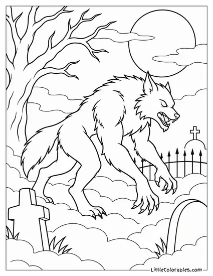 Werewolf Silhouette Prowling Through a Graveyard Shrouded in Fog Coloring Page