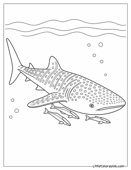 Whale Shark with Fish Hitching a Ride Below Coloring Page
