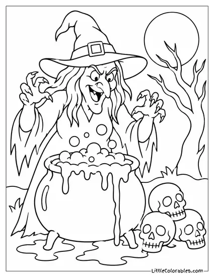 Witch Cackling as Her Cauldron Overflows Beside a Pile of Skulls Coloring Page