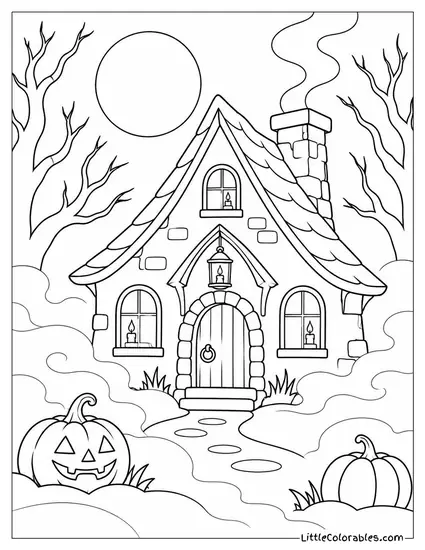 Witch Cottage Glowing with Candlelight Behind a Curtain of Fog Coloring Page