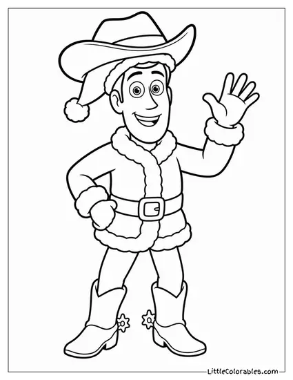 Woody Dressed as Santa with a Cowboy Hat Over His Santa Hat Coloring Page
