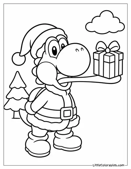 Yoshi Dressed as Santa with a Gift on His Tongue Coloring Page