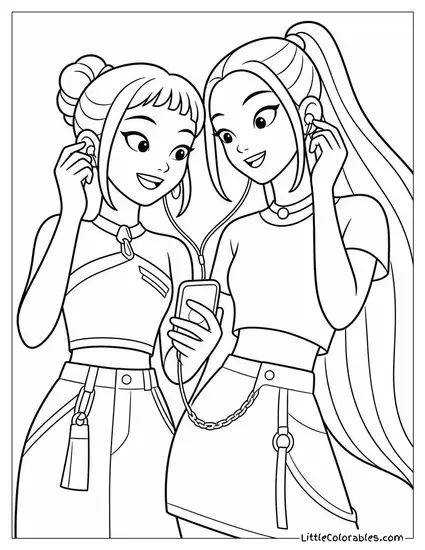 Zoey and Mira Sharing Earbuds Listening to a Track Coloring Page