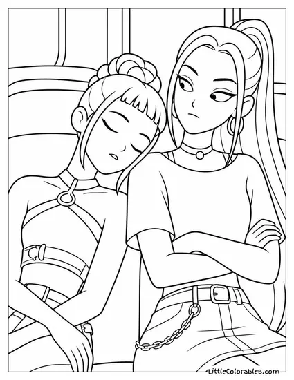 Zoey Asleep on Mira's Shoulder on a Tour Bus Coloring Page