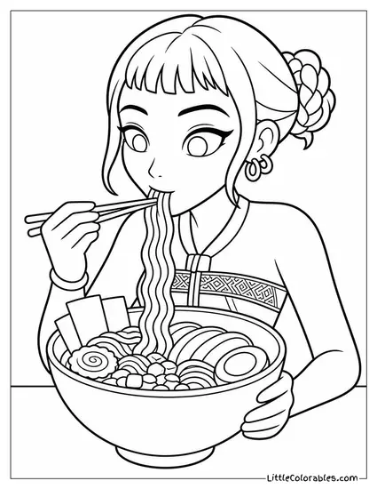 Zoey Eating a Giant Bowl of Ramen with Chopsticks Mid-Slurp Coloring Page