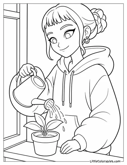 Zoey in an Oversized Hoodie Watering a Small Plant Coloring Page