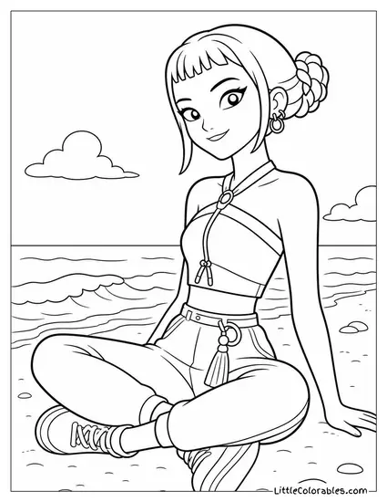 Zoey Sitting Cross-Legged on the Beach Watching Waves Roll In Coloring Page