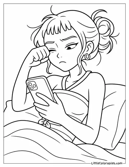 Zoey Waking Up with Messy Hair Squinting at Her Phone Alarm Coloring Page