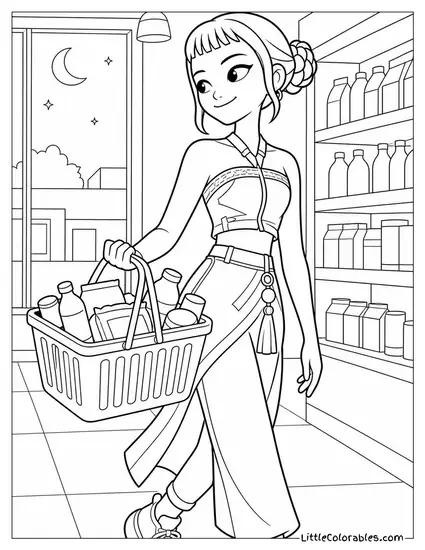 Zoey Walking Through a Convenience Store Coloring Page