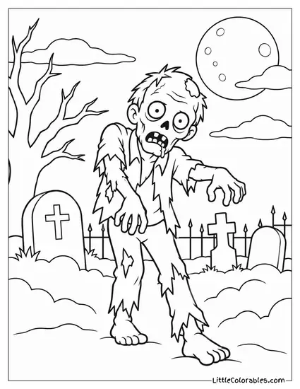 Zombie Dragging Its Feet Through a Foggy Moonlit Graveyard Coloring Page