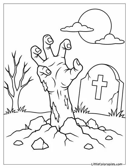 Zombie Hand Bursting Up Through Cracked Earth Near a Tombstone Coloring Page