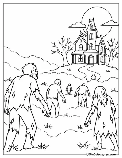 Zombie Horde Shambling Across a Misty Field Toward a Haunted House Coloring Page
