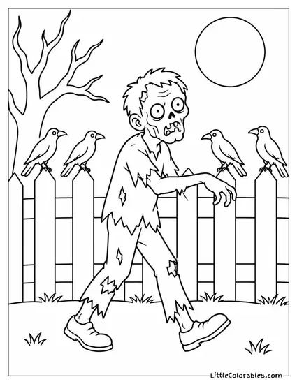 Zombie Shuffling Past a Fence Lined with Perched Crows Coloring Page