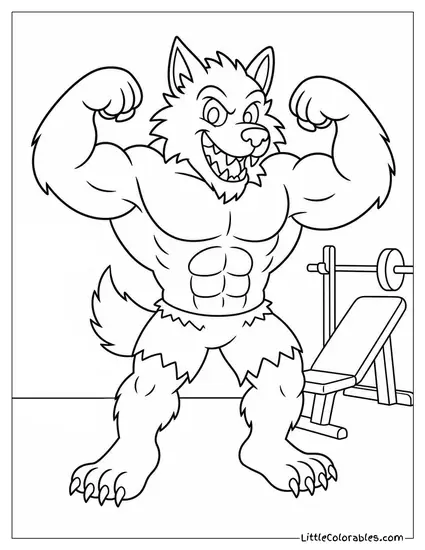 Abomination Style Cartoon Werewolf Flexing Its Muscles at a Monster Gym Coloring Page