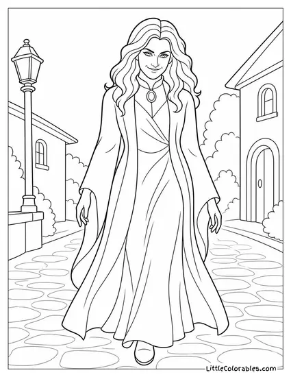 Agatha Harkness Walking Down a Quiet Lane With a Sly Smile Coloring Page