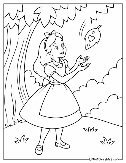 Alice Catching A Falling Leaf Shaped Like A Playing Card Coloring Page