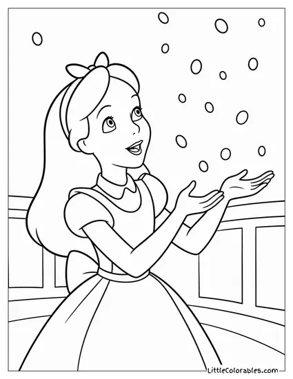 Alice Catching Snowflakes That Fall Upward Instead Of Down Coloring Page