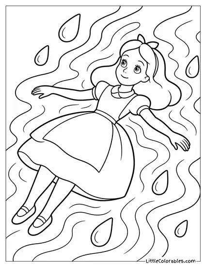 Alice Floating Gently On Her Back Down A Stream Of Tears Coloring Page