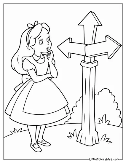 Alice Looking Puzzled At A Sign Pointing In Three Directions At Once Coloring Page