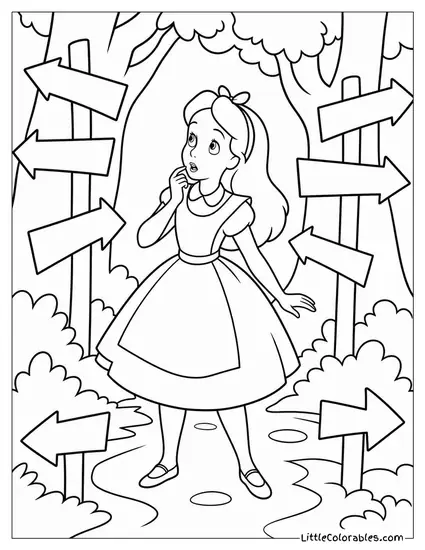 Alice Lost In A Swirling Forest Of Signposts Pointing Every Direction Coloring Page