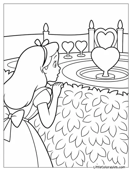 Alice Peering Over A Hedge Trying To See The Queen's Garden Coloring Page