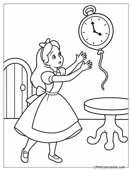 Alice Reaching Up To Catch A Drifting Balloon Shaped Like A Clock Coloring Page