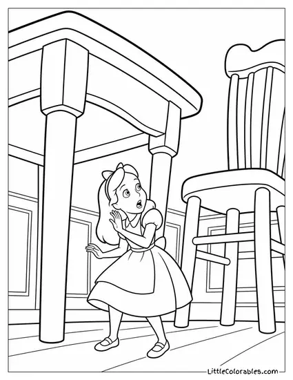 Alice Startled As The Furniture Around Her Grows Impossibly Tall Coloring Page