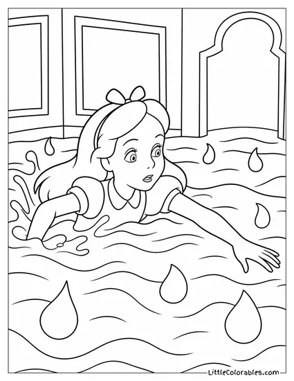 Alice Swimming Through A Pool Made Of Her Own Giant Tears Coloring Page