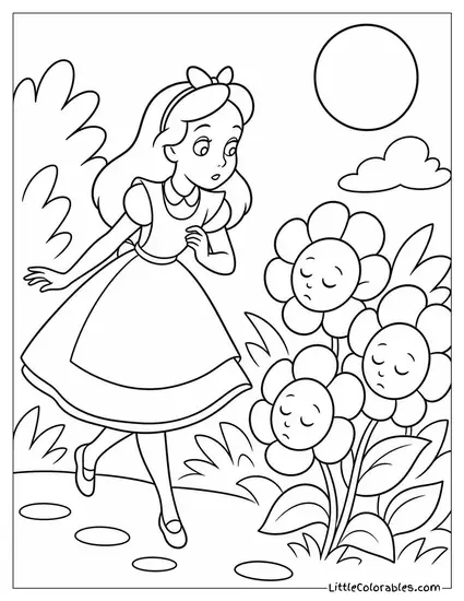 Alice Tiptoeing Past A Row Of Sleeping Flowers In The Moonlit Garden Coloring Page