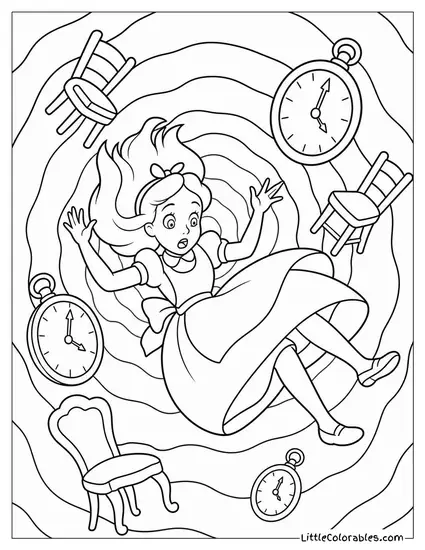 Alice Tumbling Down The Rabbit Hole Past Floating Clocks And Chairs Coloring Page