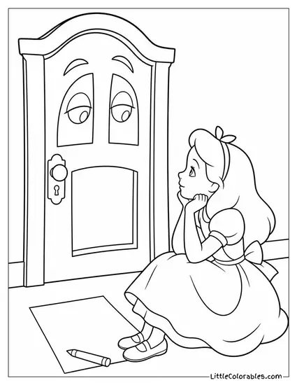 Alice Watching A Door Slowly Blink Its Painted Eyes At Her Coloring Page