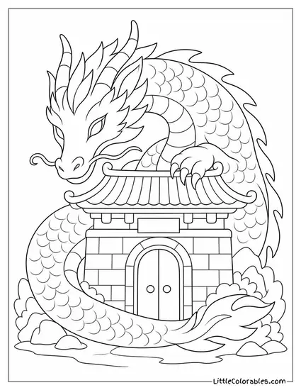 Ancient Dragon Guardian Curled Around a Temple Gate Coloring Page
