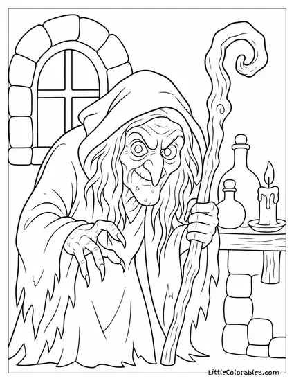 Ancient Witch With Scraggly Gray Hair and Leathery Wrinkled Skin Looming in Shadows Coloring Page