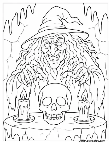 Ancient Witch With Wild Tangled Hair and Rotten Teeth Looming Over a Skull Covered Altar Coloring Page