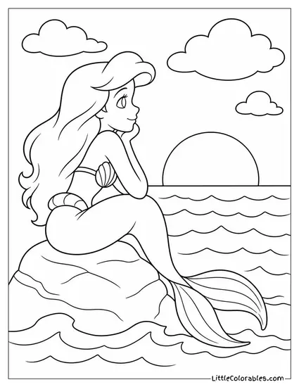 Ariel Sitting on a Rock Gazing at the Sunset Above the Waves Coloring Page