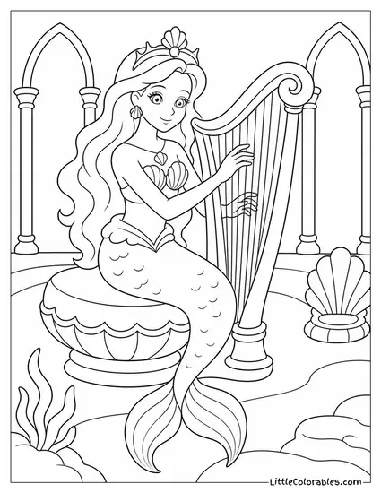 Attina the Eldest Mermaid Sister Playing a Harp in an Underwater Palace Coloring Page