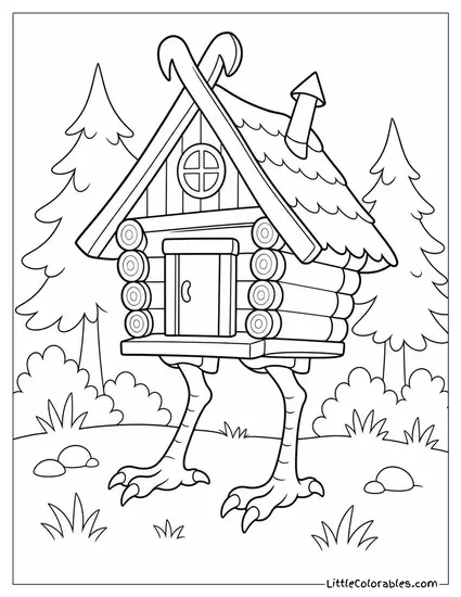 Baba Yaga's Hut Standing on Chicken Legs Deep in a Misty Forest Coloring Page