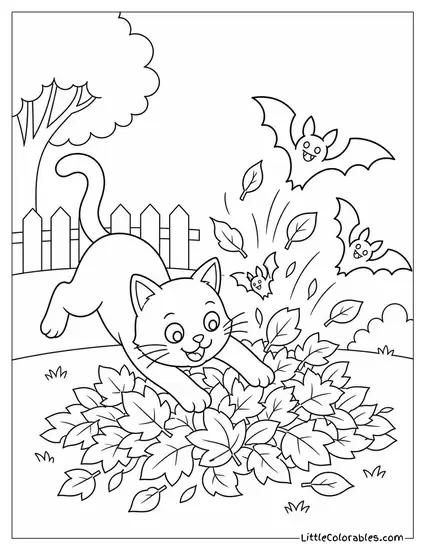 Bats Bursting from a Pile of Autumn Leaves as a Black Cat Pounces Coloring Page