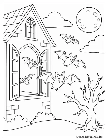 Bats Bursting Out of a Haunted House Window Into a Moonlit Sky Coloring Page